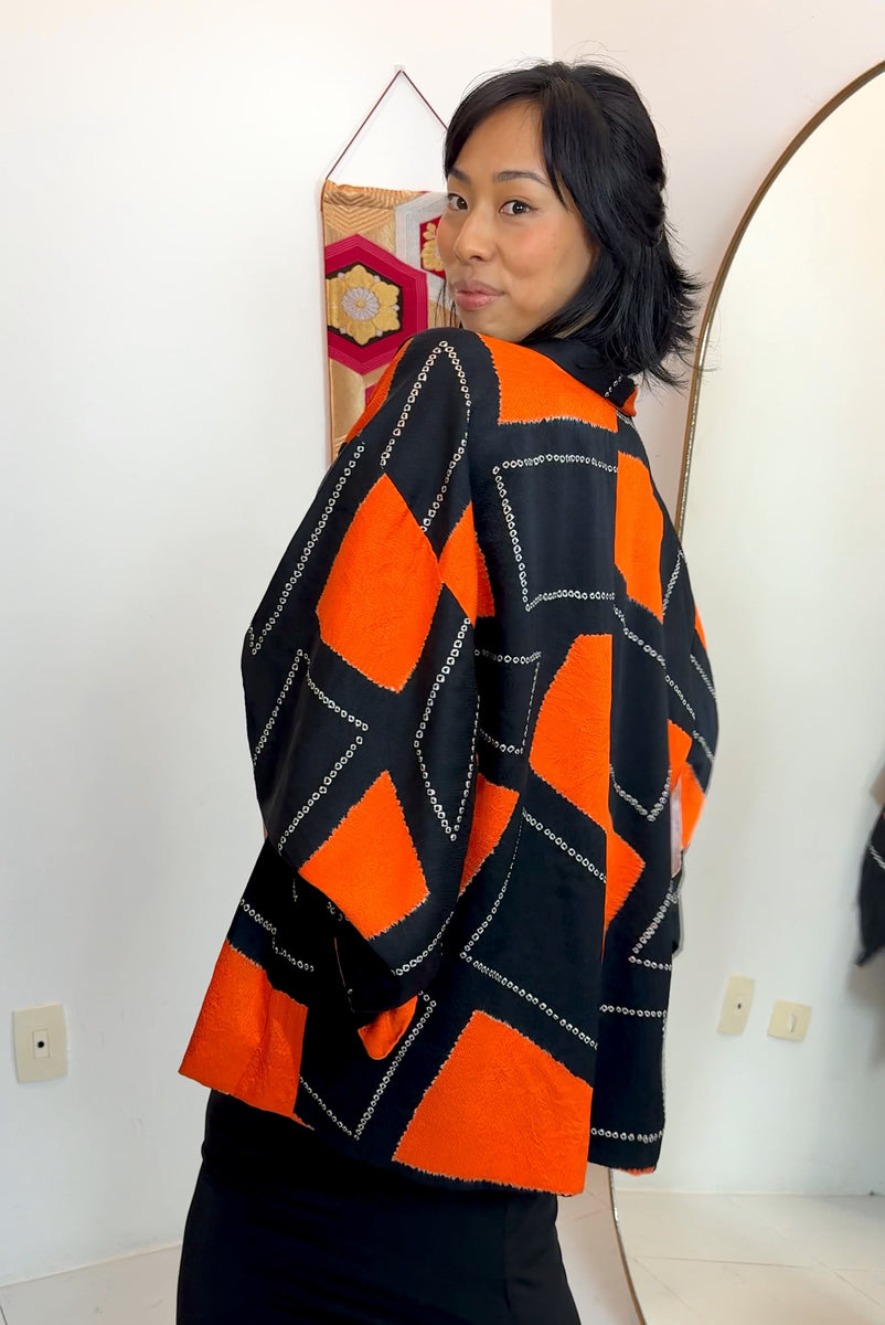 Haori Jacket in Black and Orange in Shibori Silk