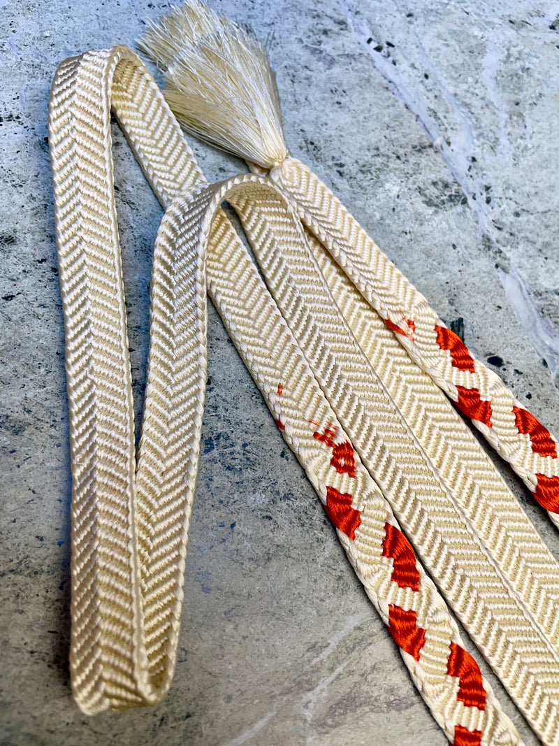 Obijime Belt Flat White and Red Petals in Silk