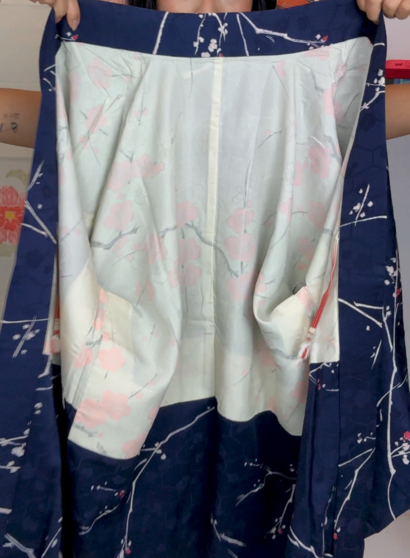 Haori Dark Blue with Beehive Patern and Pink and White Branches in Silk