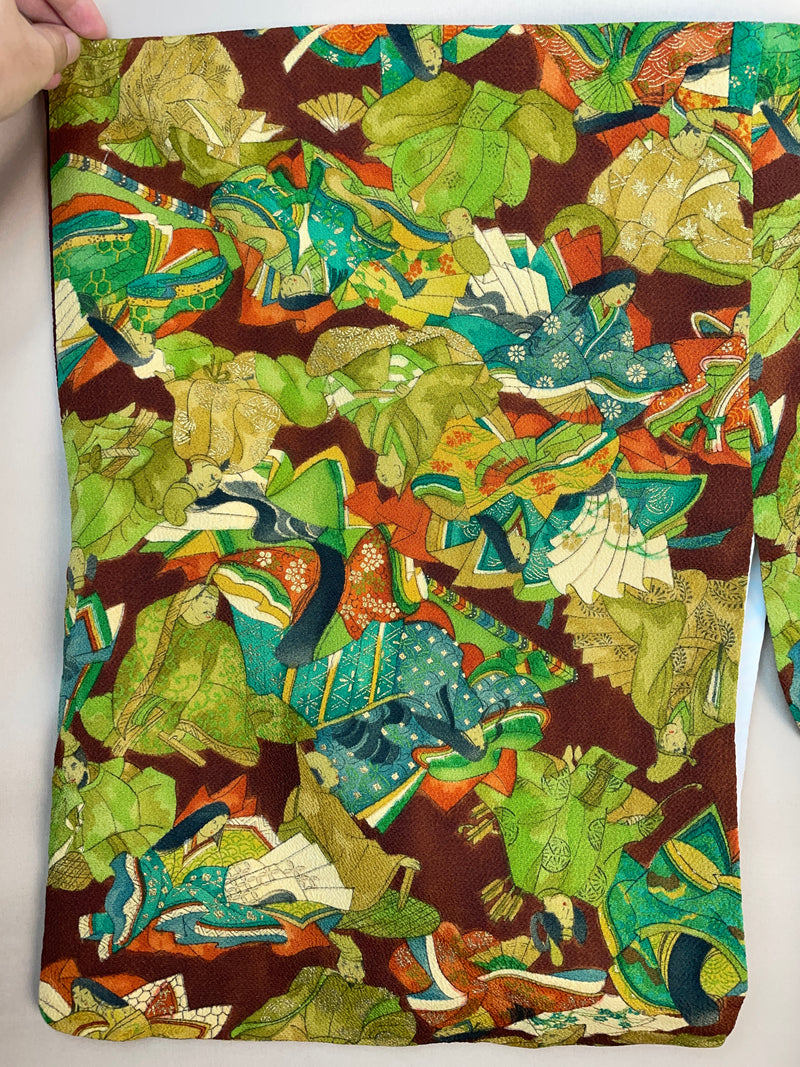 Kimono Dark Brown with Green Pattern of People in Kimono