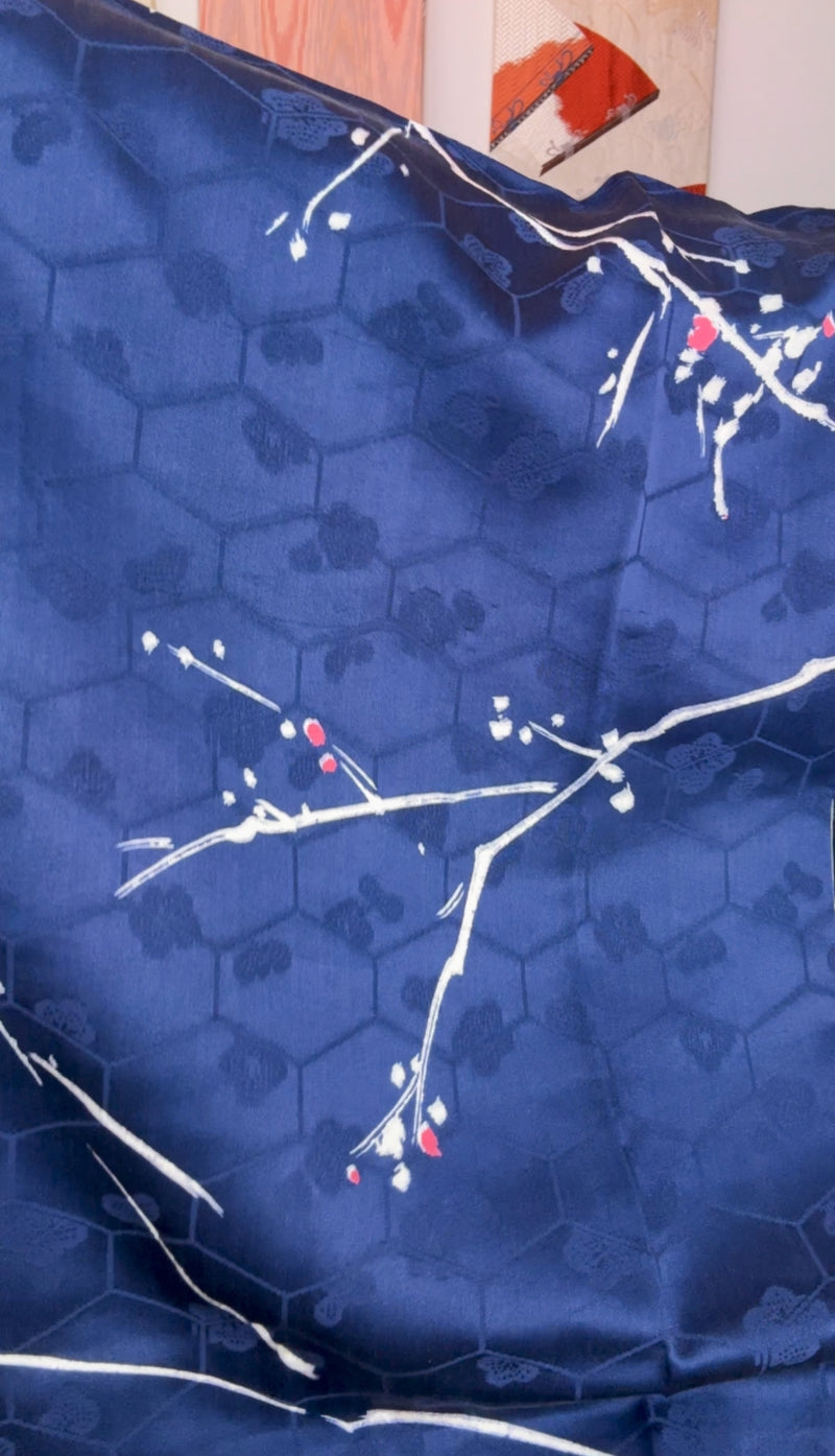 Haori Dark Blue with Beehive Patern and Pink and White Branches in Silk