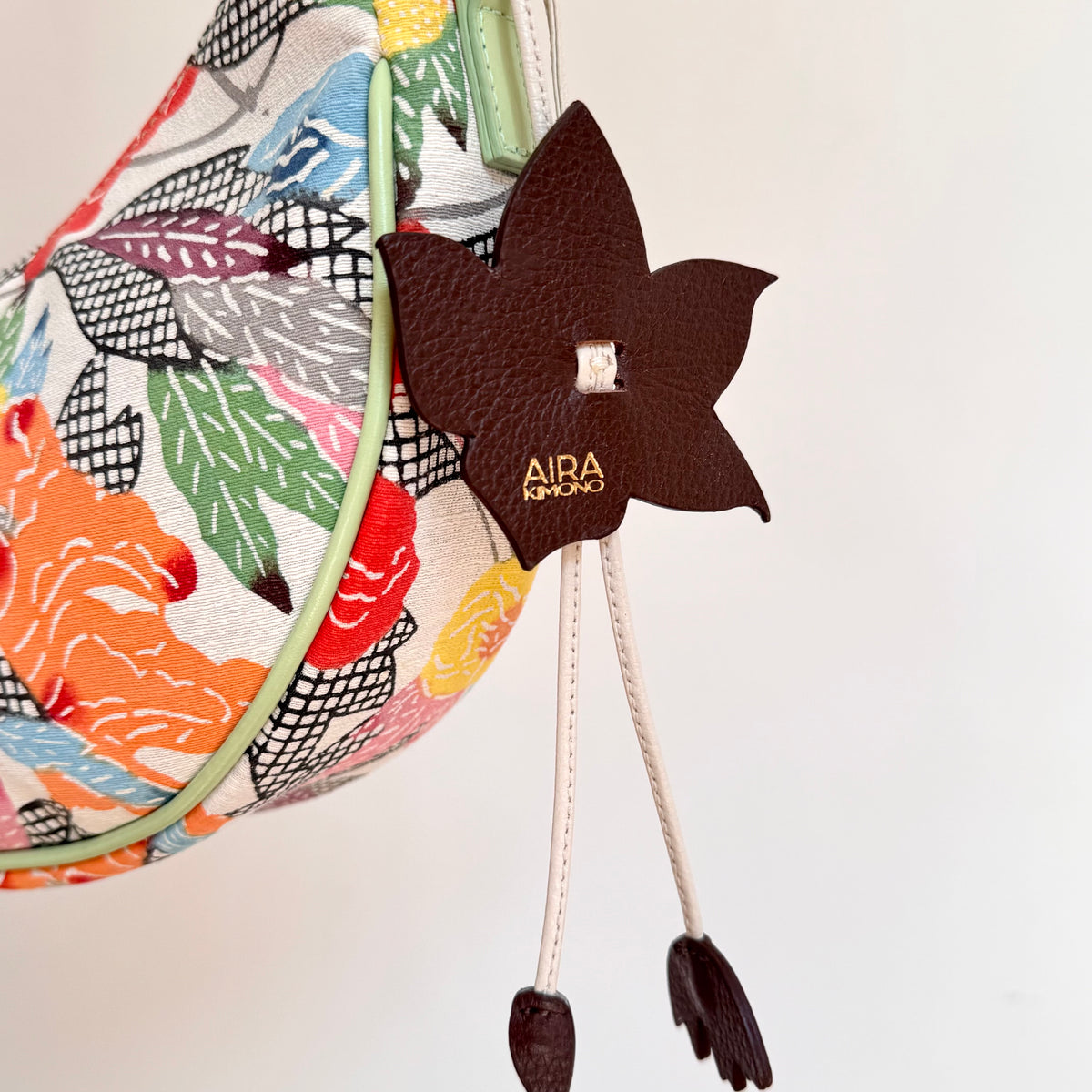 Aiko Bag: Summer Multicolor - from Japanese Obi Sash with Green Leather Strap