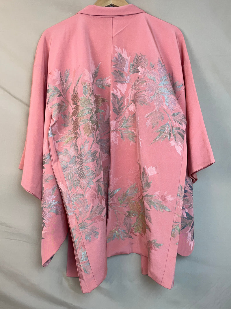 Haori Pink with Metallic Flowers Embroidered in Silk Crepe