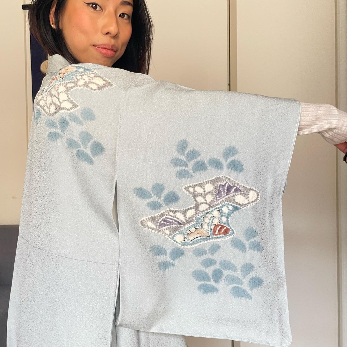 Kimono Light Blue Tsujigahana Technique in Silk