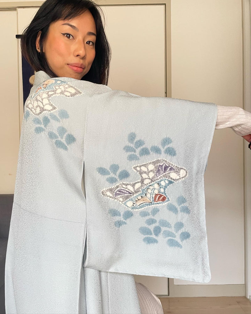Kimono Light Blue Tsujigahana Technique in Silk