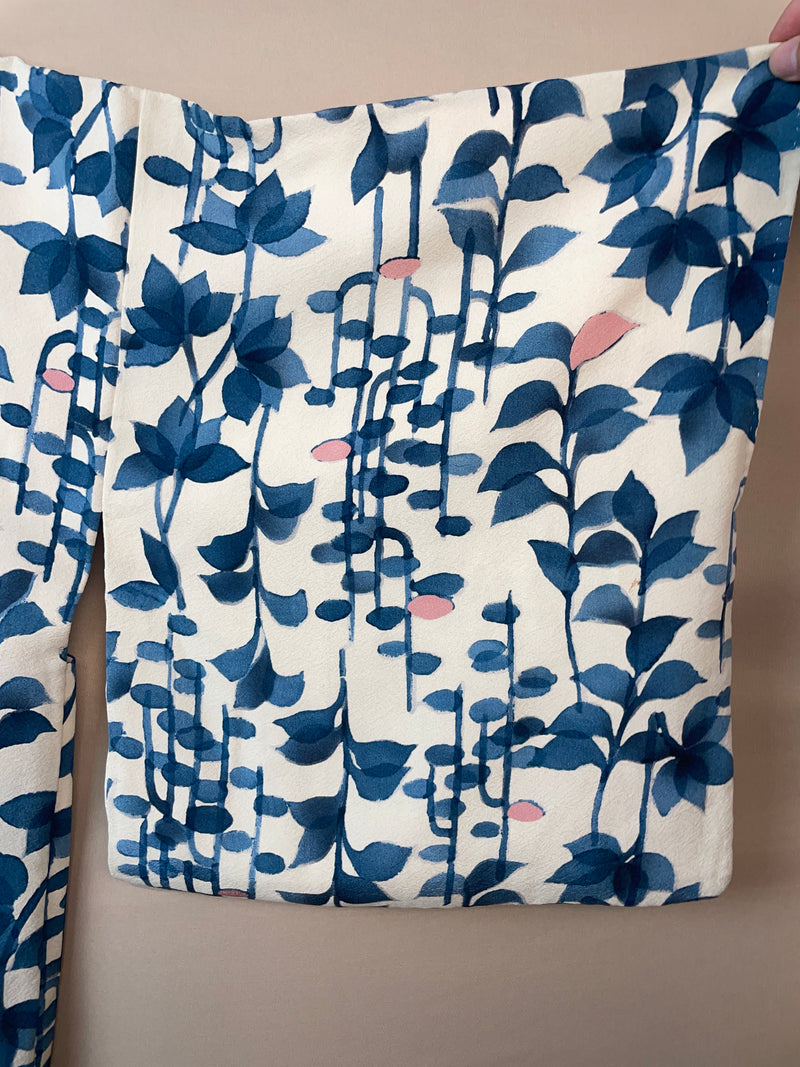 Haori White with Blue Watercolor Leaves