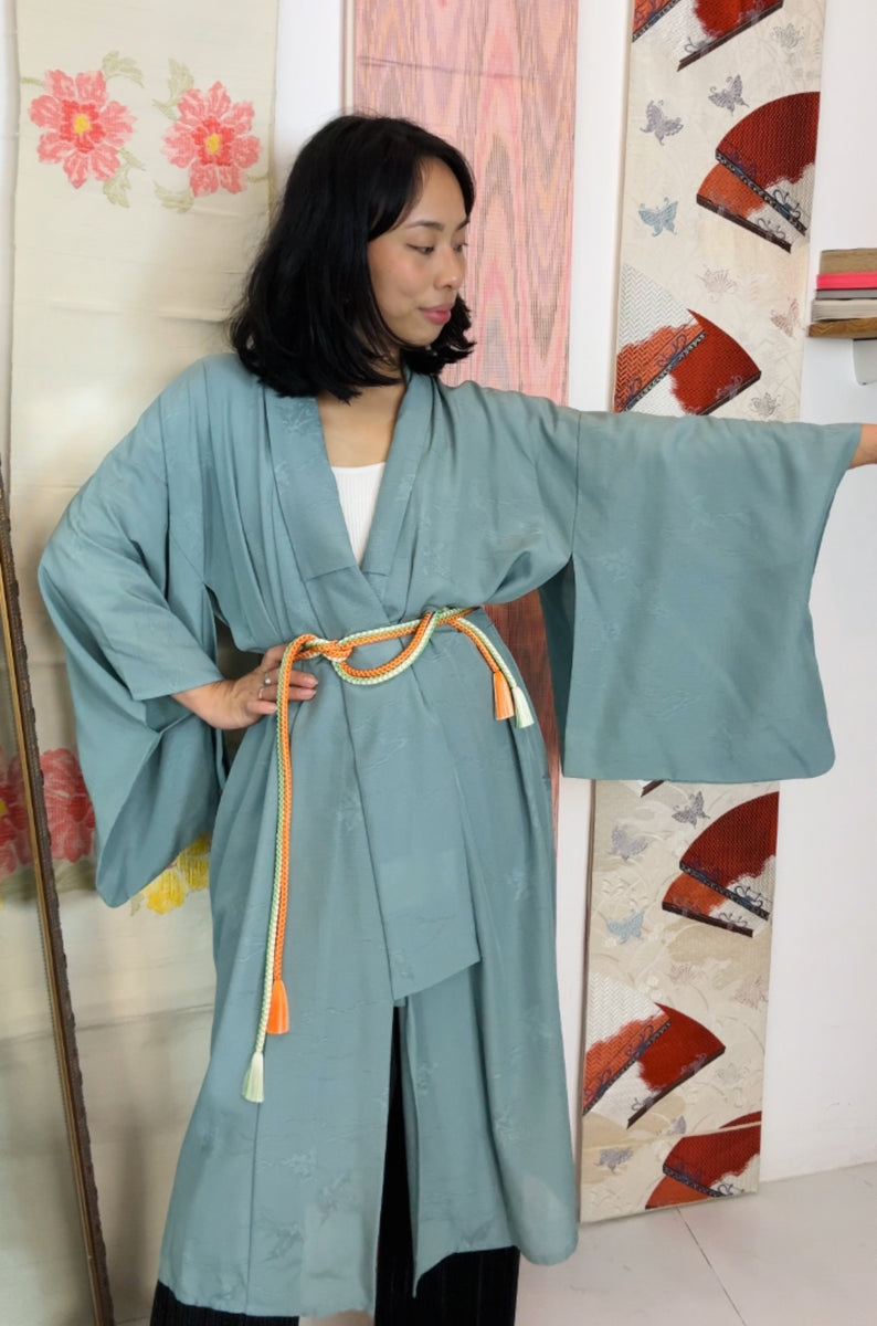 Kimono Summer Sheer with Leaves Blue in Silk