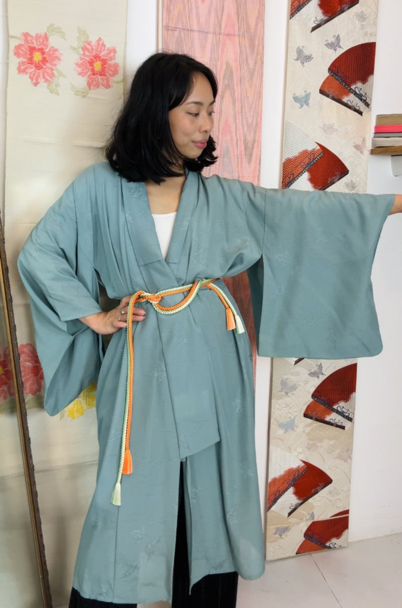 Kimono Summer Sheer with Leaves Blue in Silk