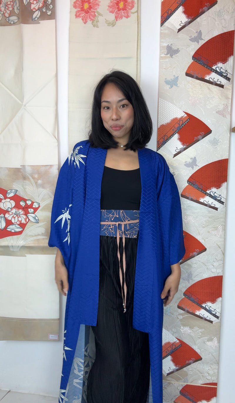 Kimono Single Layer Royal Blue with Painted Bamboo in Silk