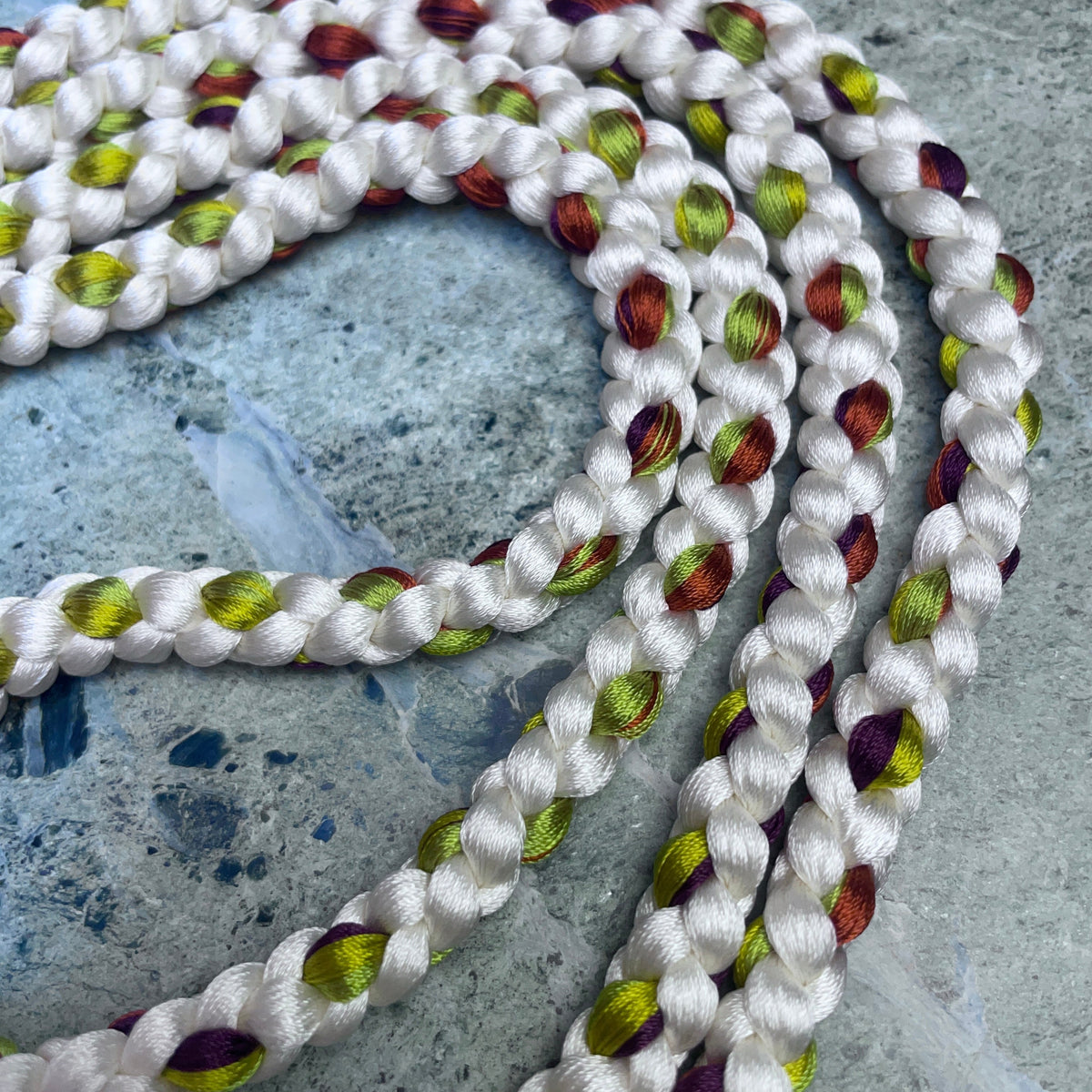Obijime Belt Braided in White with Green and Red in Silk