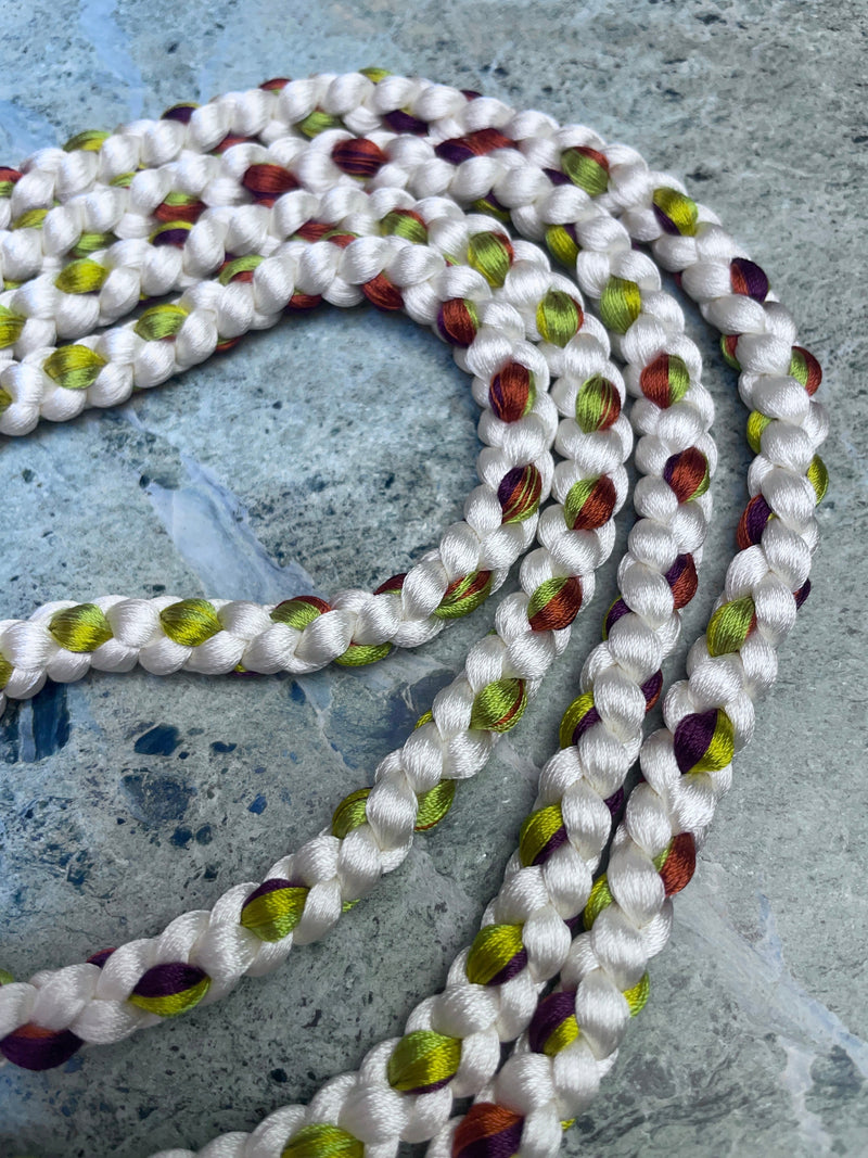 Obijime Belt Braided in White with Green and Red in Silk