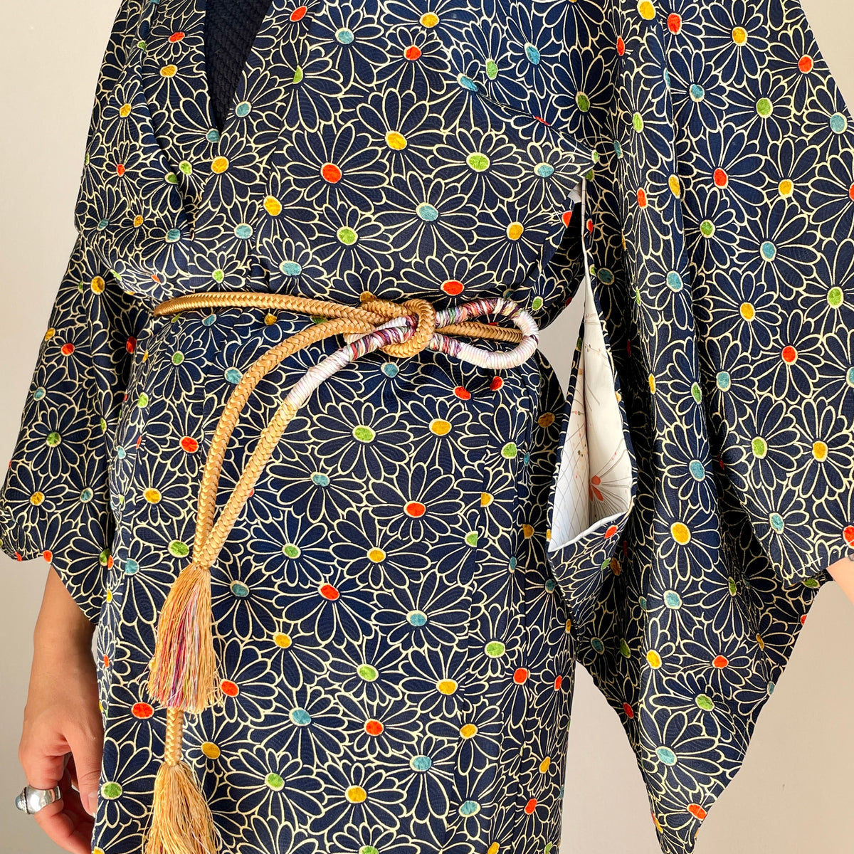 Haori Confetti Dark Blue with Flowers Pattern made in Shibori Technique in Silk