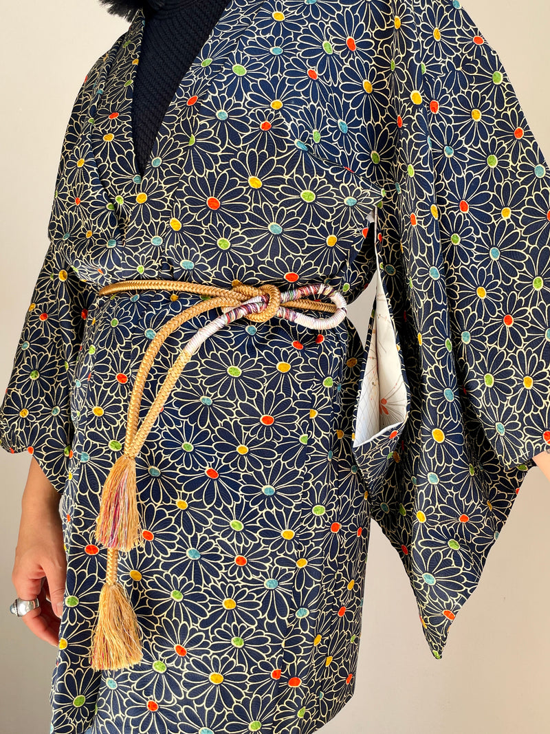 Haori Confetti Dark Blue with Flowers Pattern made in Shibori Technique in Silk