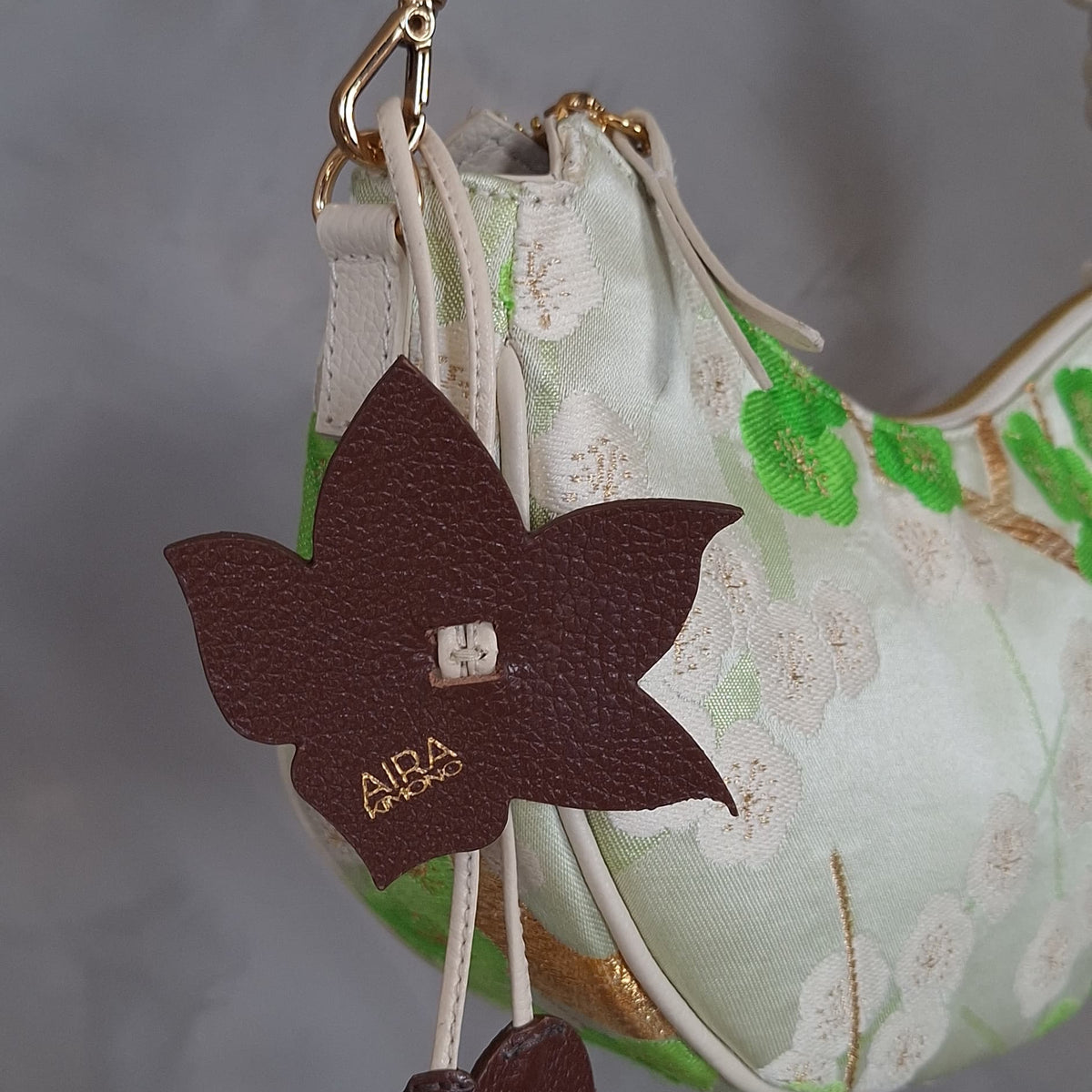 Aiko Bag: Green Sakura Embroidered in Silk from Vintage Japanese Obi Sash with White Leather Strap