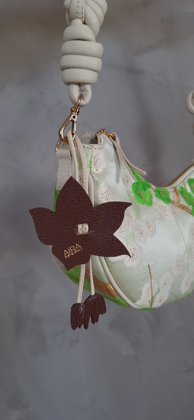 Aiko Bag: Green Sakura Embroidered in Silk from Vintage Japanese Obi Sash with White Leather Strap