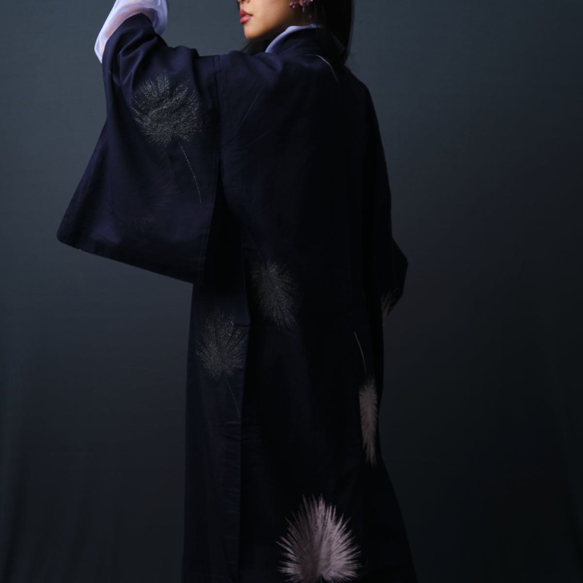 Kimono Sheer Dark Purple with Lilac and Black Embroideries