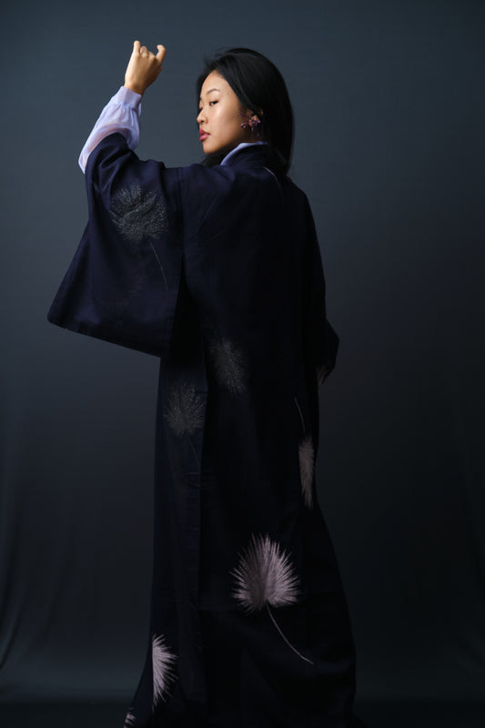 Kimono Sheer Dark Purple with Lilac and Black Embroideries