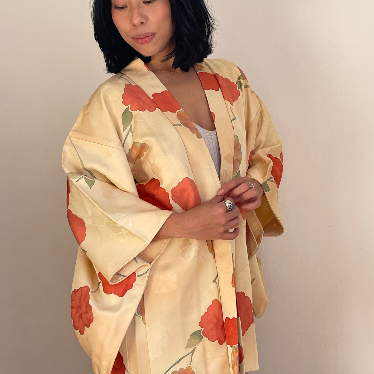Haori Yellow Cream with Hand-painted Flowers in Silk