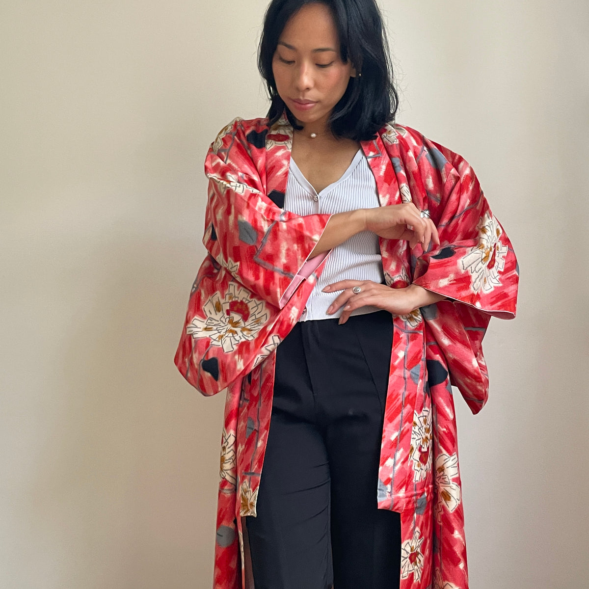 Kimono Vintage with Pink Drawings in Silk