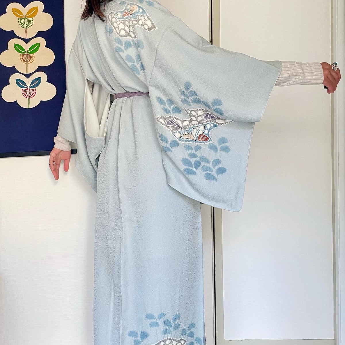 Kimono Light Blue Tsujigahana Technique in Silk