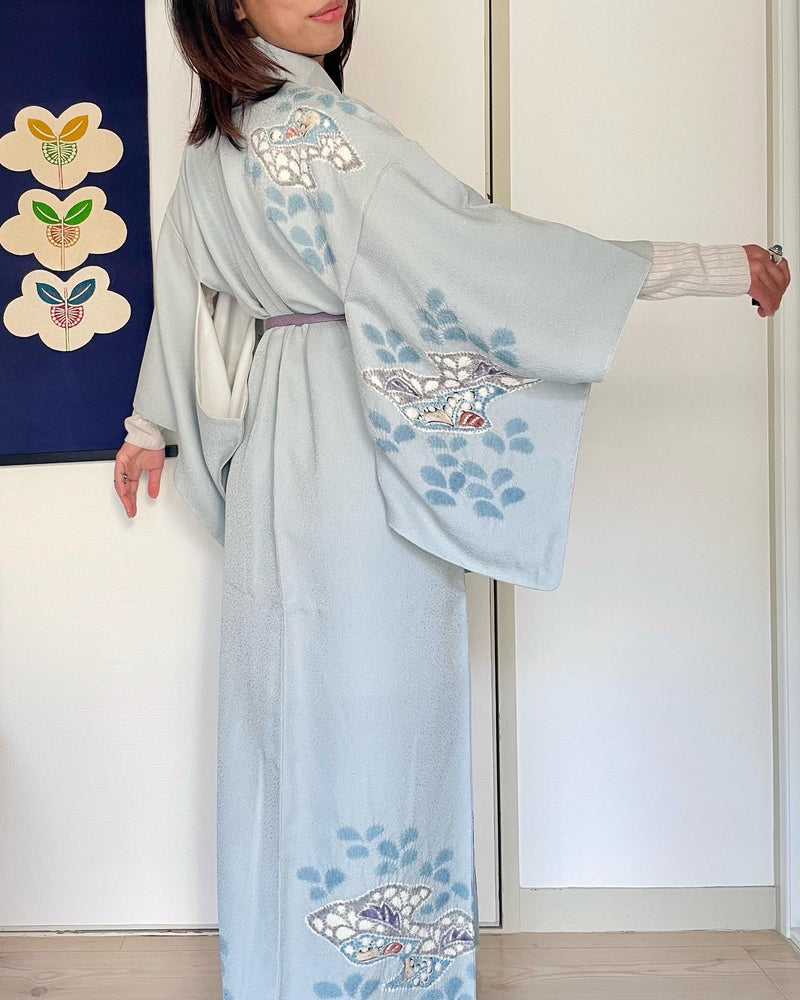 Kimono Light Blue Tsujigahana Technique in Silk