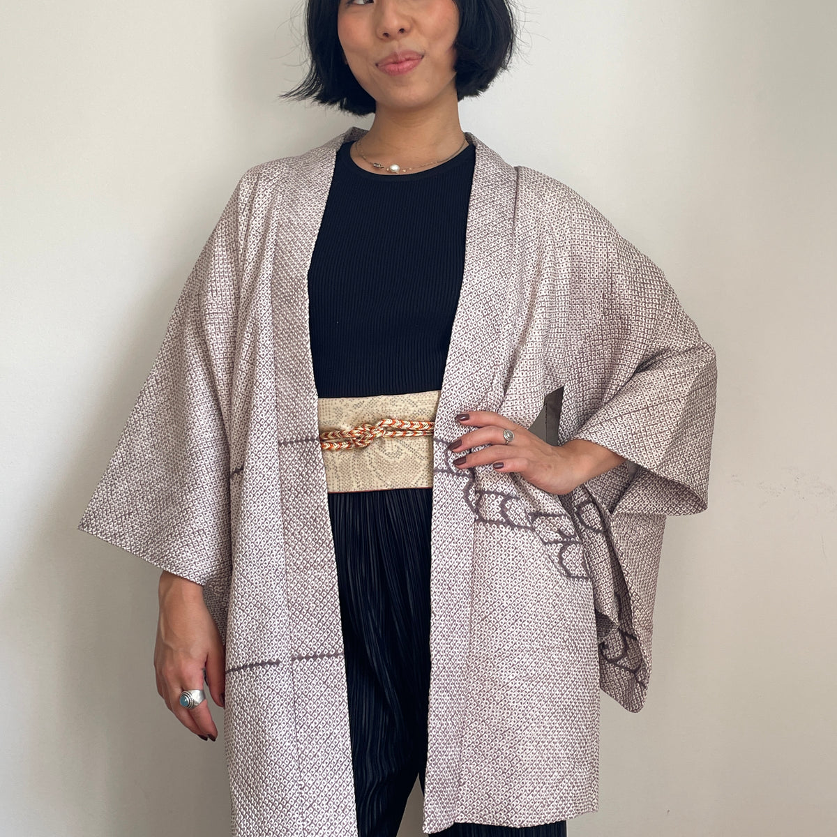 Haori Clouds Grey in Shibori Technique in Silk