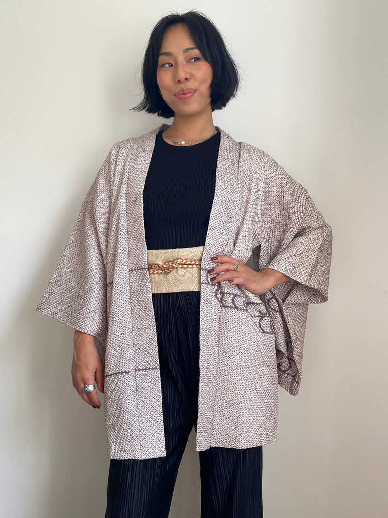 Haori Clouds Grey in Shibori Technique in Silk
