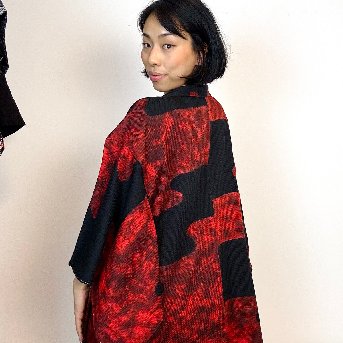 Haori Black with Red Clouds made in Shibori Technique in Silk