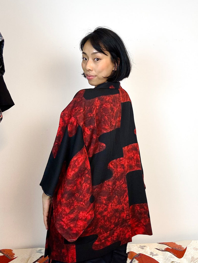 Haori Black with Red Clouds made in Shibori Technique in Silk
