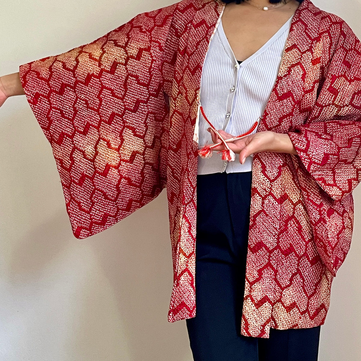 Haori Red Crayon Shibori Technique Geometric in Silk