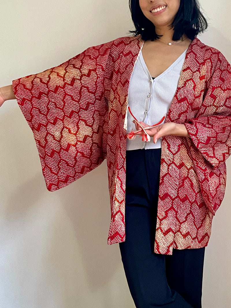 Haori Red Crayon Shibori Technique Geometric in Silk