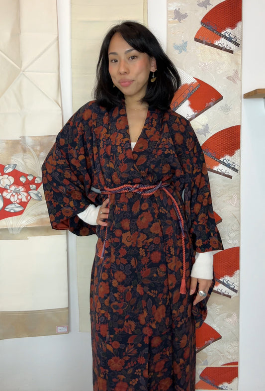 Kimono Dark Blue with Orange Flowers in Silk