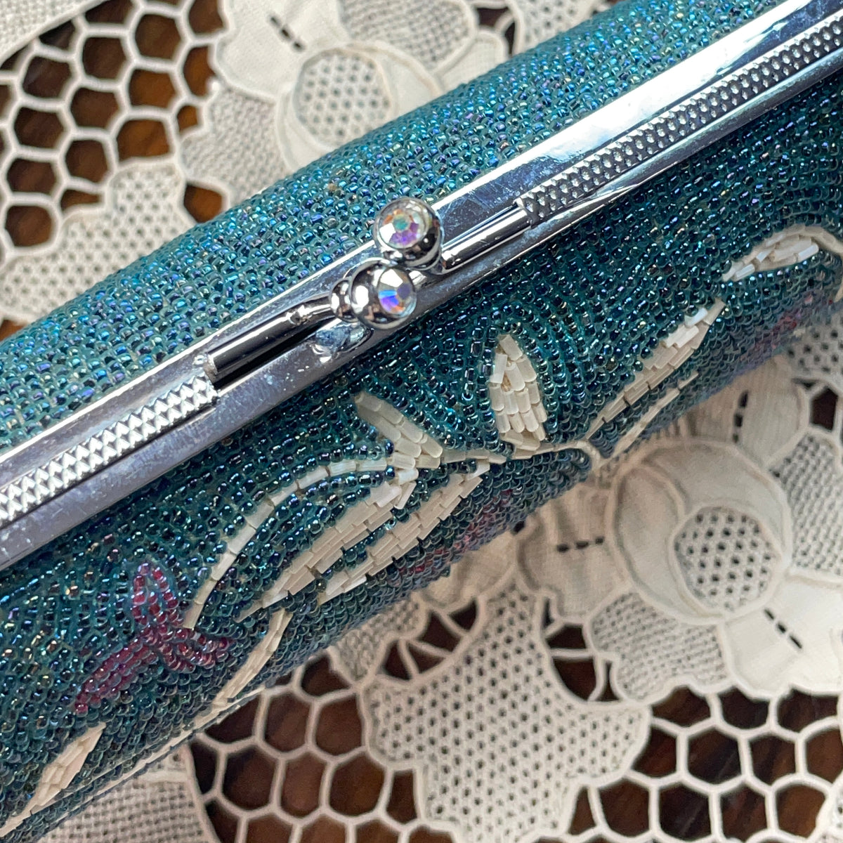 Clutch Vintage Beaded Handbag in Torquoise with Flowers
