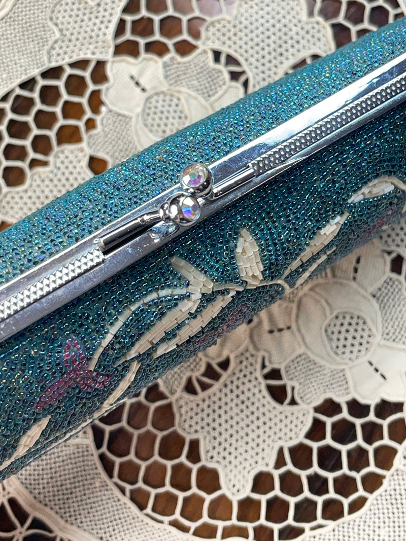 Clutch Vintage Beaded Handbag in Torquoise with Flowers