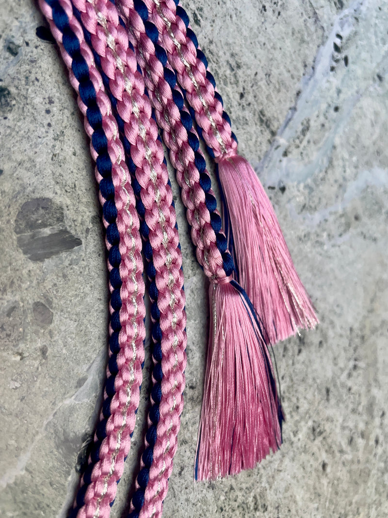 Obijime Belt Flat Braided Purple and Pink with Silver in Silk