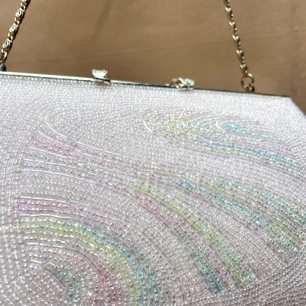 Beaded Handbag Pale Pink with Embroidered Colorful Waves