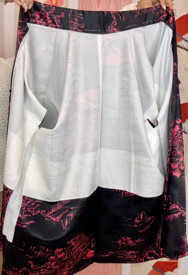 Haori Black with Pink Japanese Houses in Silk