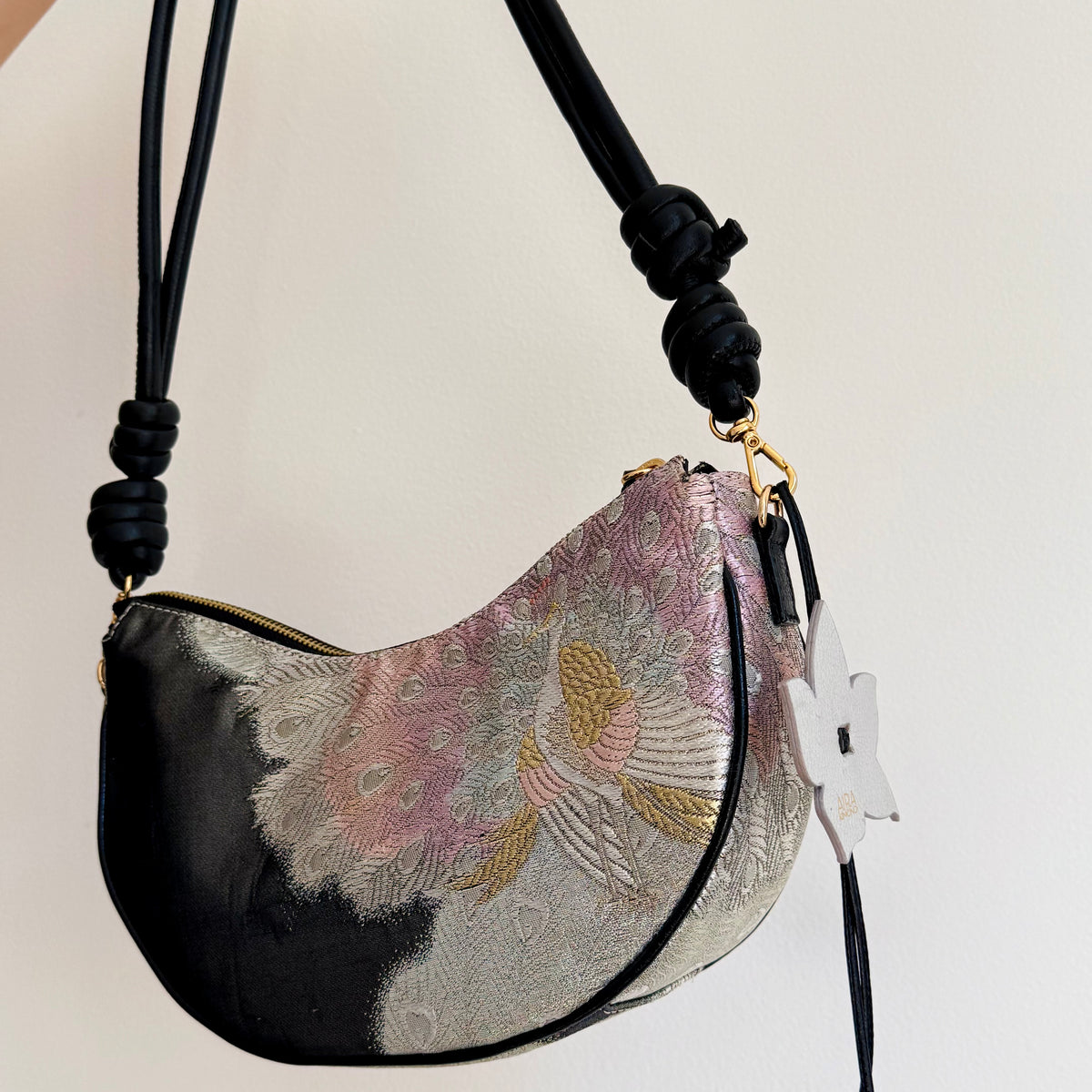 Aiko Bag: Black Metallic Black Peacock from Embroidered Obi Sash with Black Leather Strap