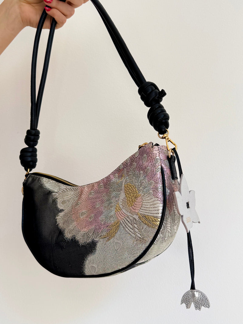 Aiko Bag: Black Metallic Black Peacock from Embroidered Obi Sash with Black Leather Strap