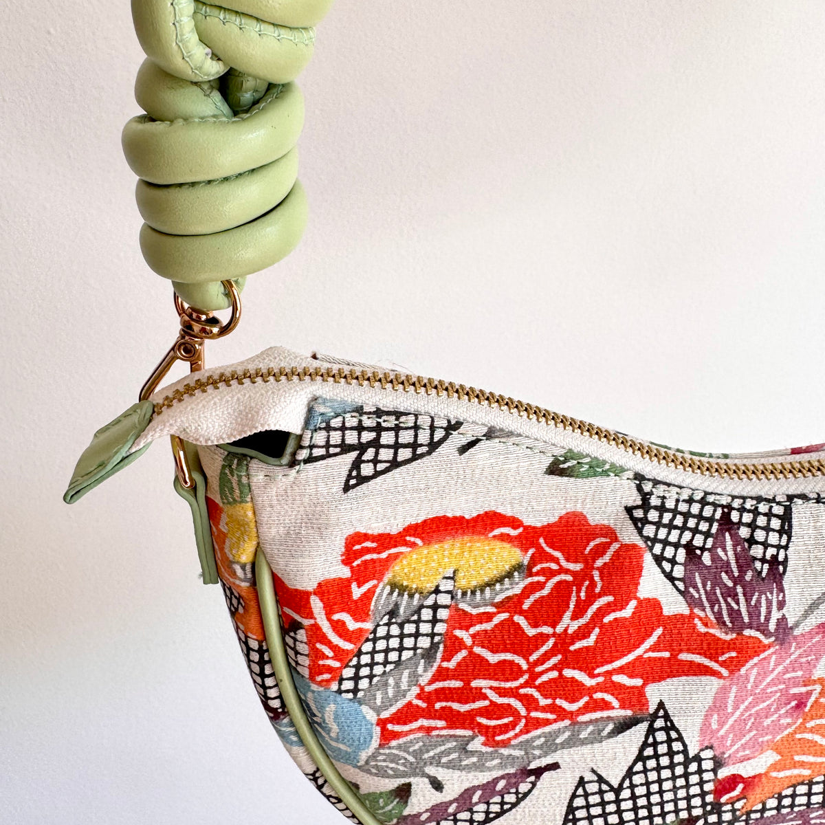 Aiko Bag: Summer Multicolor - from Japanese Obi Sash with Green Leather Strap