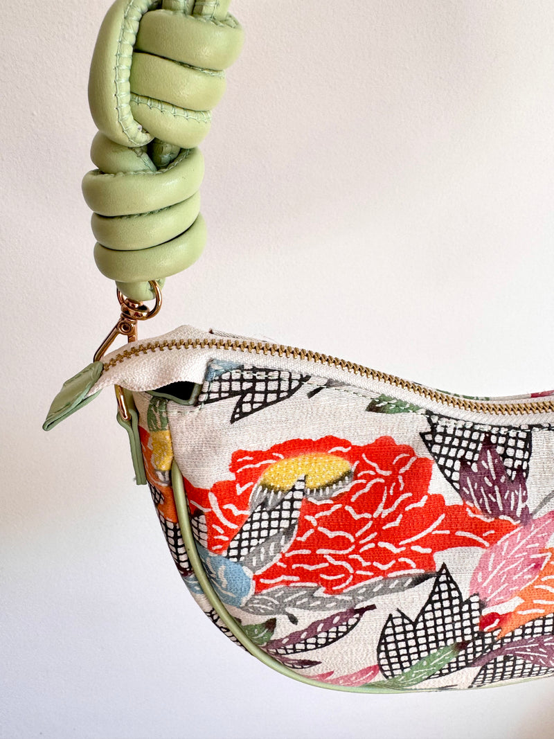 Aiko Bag: Summer Multicolor - from Japanese Obi Sash with Green Leather Strap