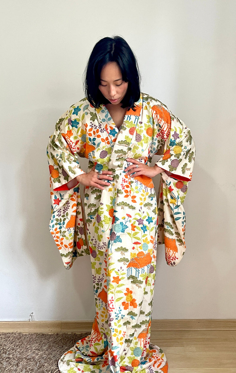 Kimono Furisode Japanese Spring Garden in Silk