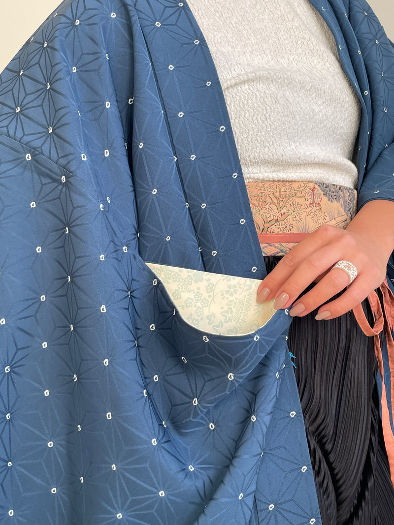 Haori Asahona Pattern in Dark Blue Silk