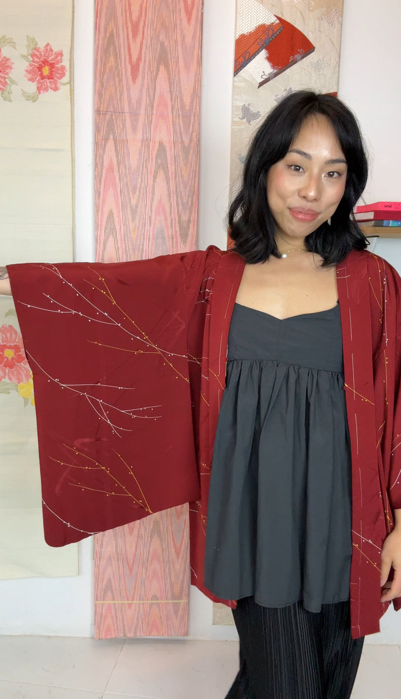 Haori Deep Red with Branches and Embroidered Silk