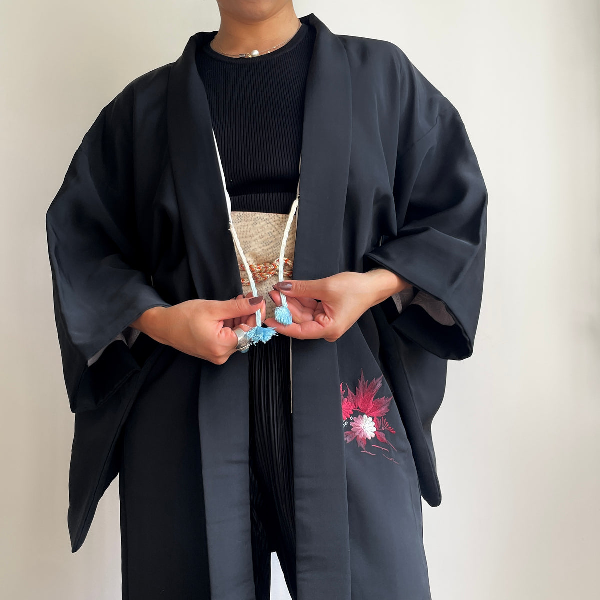 Haori Black with Dark Red Flowers Embroidered in Silk