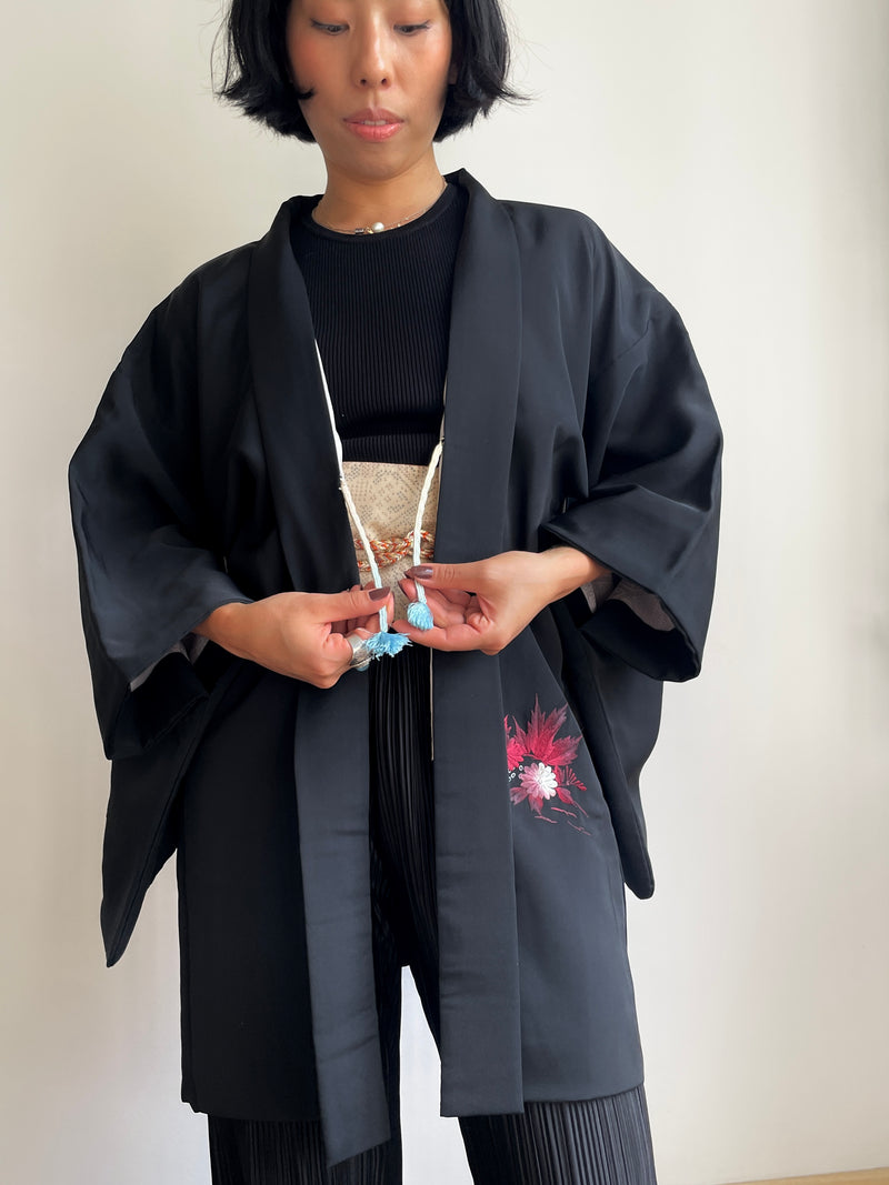 Haori Black with Dark Red Flowers Embroidered in Silk