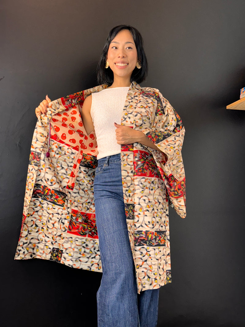 Haori Meisen Tsumugi Colorful Branches in Silk