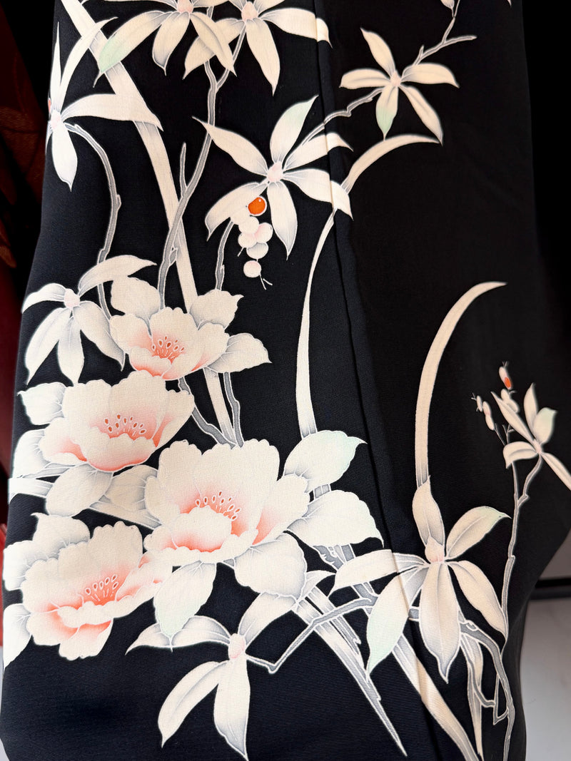 Haori Black Ikebana Flowers in Silk