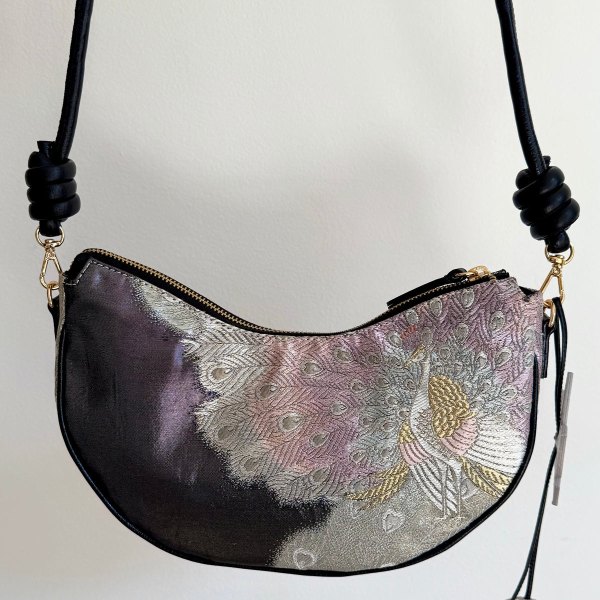 Aiko Bag: Black Metallic Black Peacock from Embroidered Obi Sash with Black Leather Strap