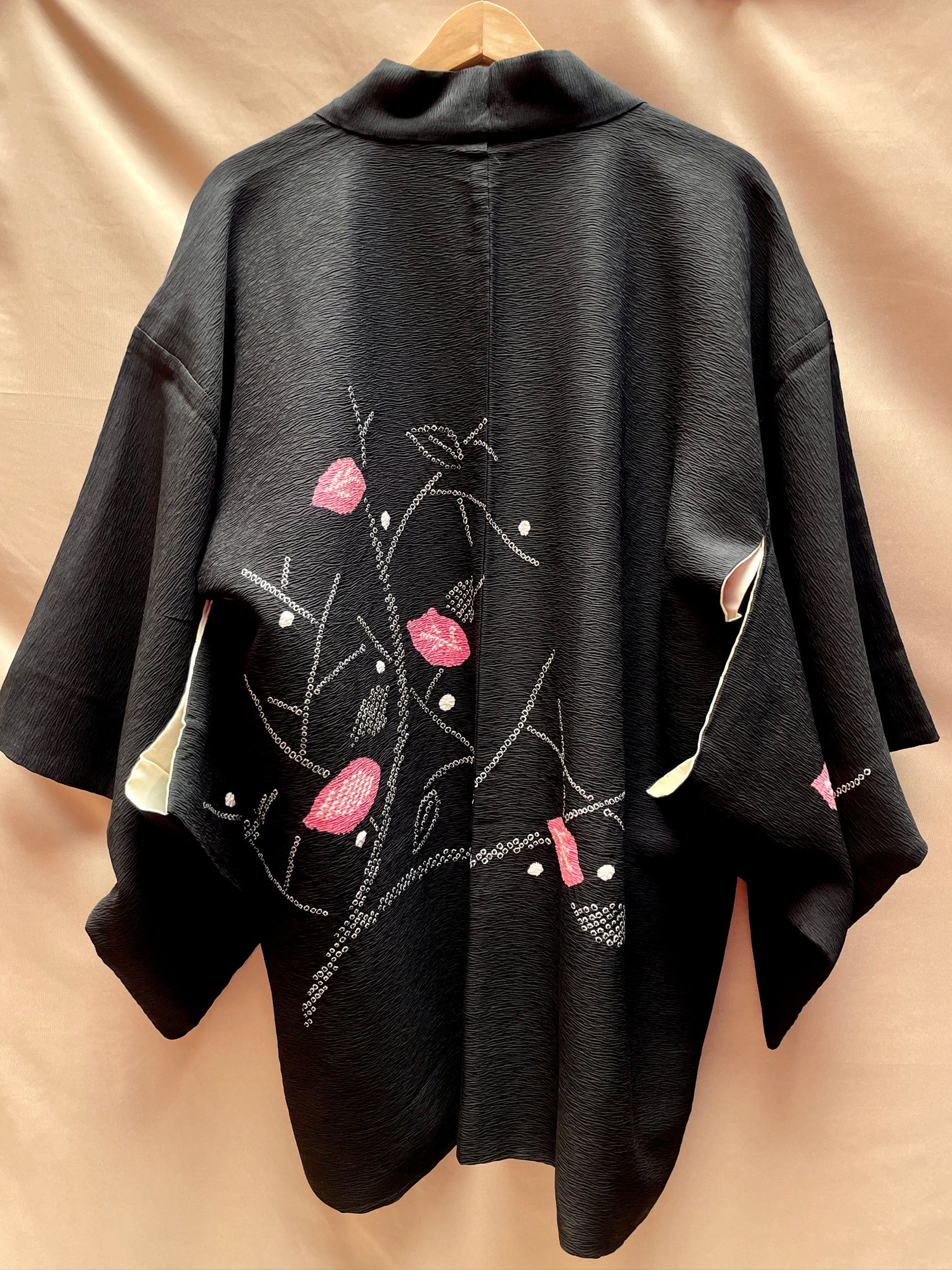 Haori Jacket in Black Silk Crepe with Shibori Art